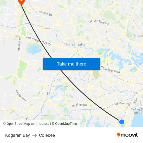 Kogarah Bay to Colebee map