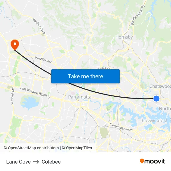 Lane Cove to Colebee map