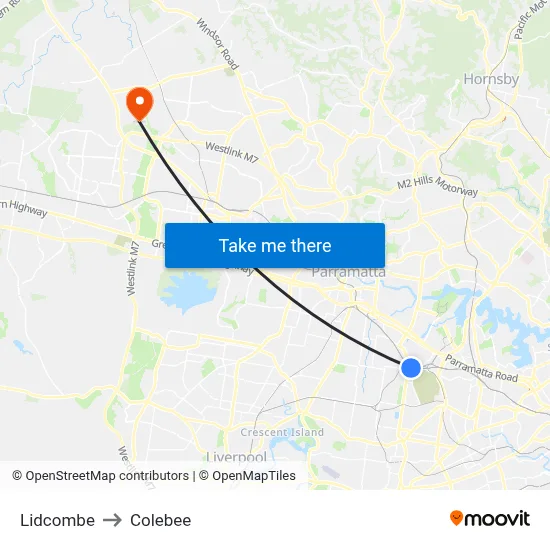 Lidcombe to Colebee map