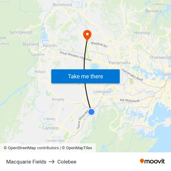 Macquarie Fields to Colebee map