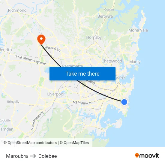 Maroubra to Colebee map