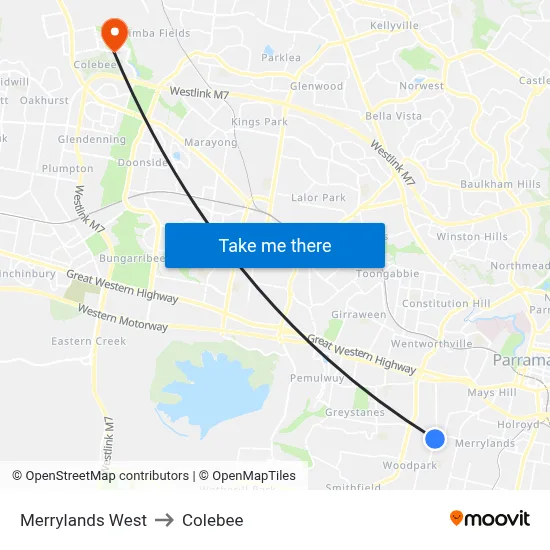 Merrylands West to Colebee map