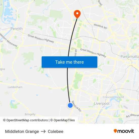 Middleton Grange to Colebee map