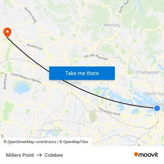 Millers Point to Colebee map