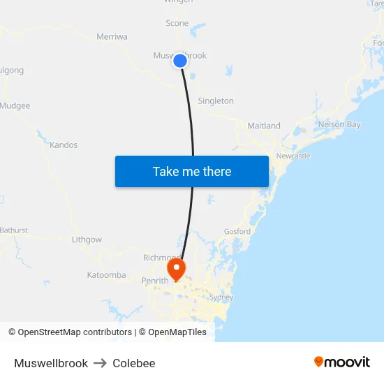 Muswellbrook to Colebee map