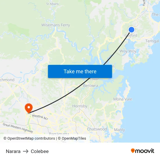 Narara to Colebee map
