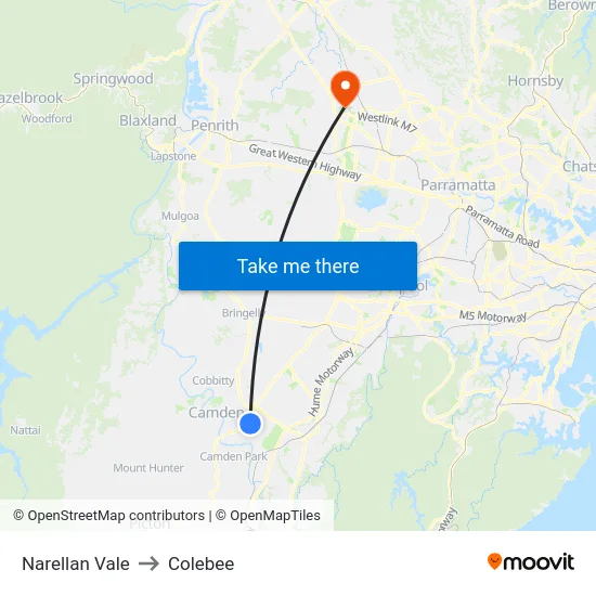 Narellan Vale to Colebee map