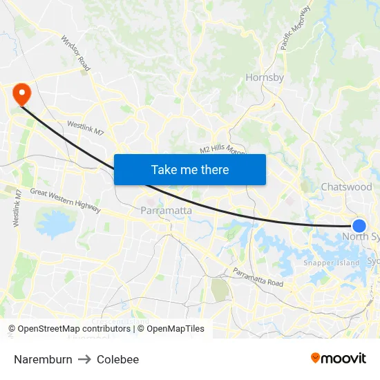 Naremburn to Colebee map