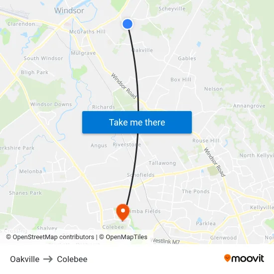 Oakville to Colebee map