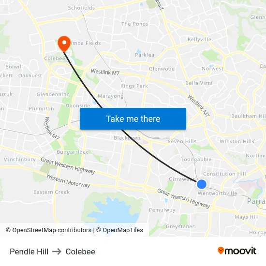 Pendle Hill to Colebee map