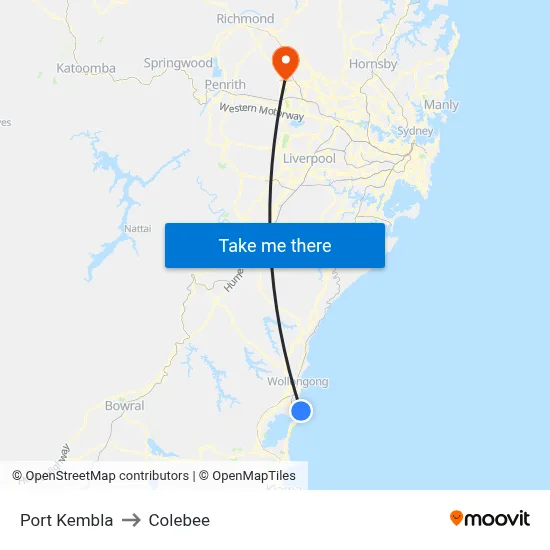 Port Kembla to Colebee map