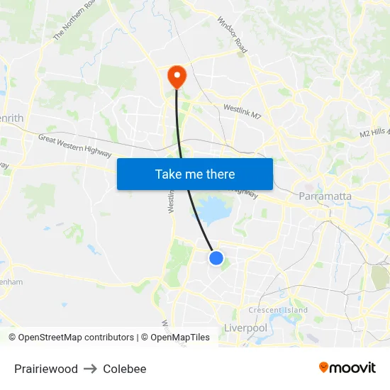 Prairiewood to Colebee map