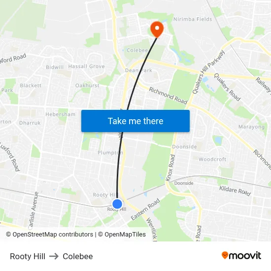 Rooty Hill to Colebee map