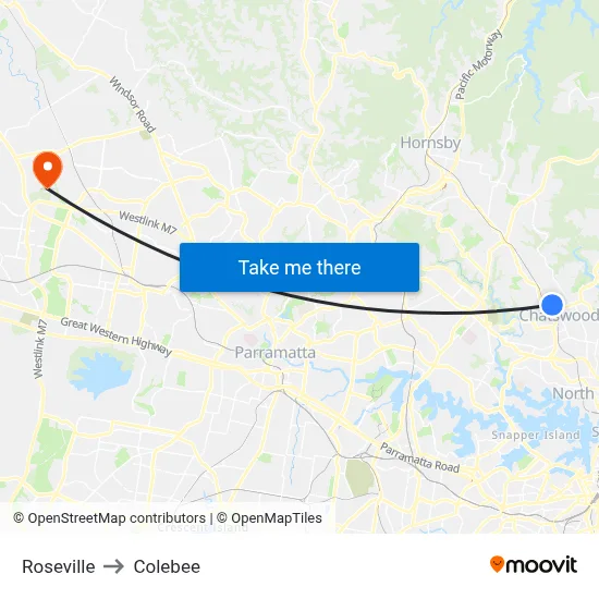 Roseville to Colebee map