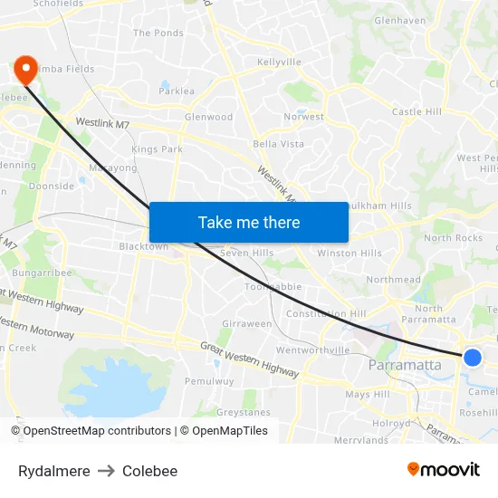Rydalmere to Colebee map