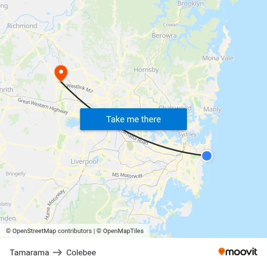 Tamarama to Colebee map