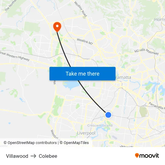 Villawood to Colebee map