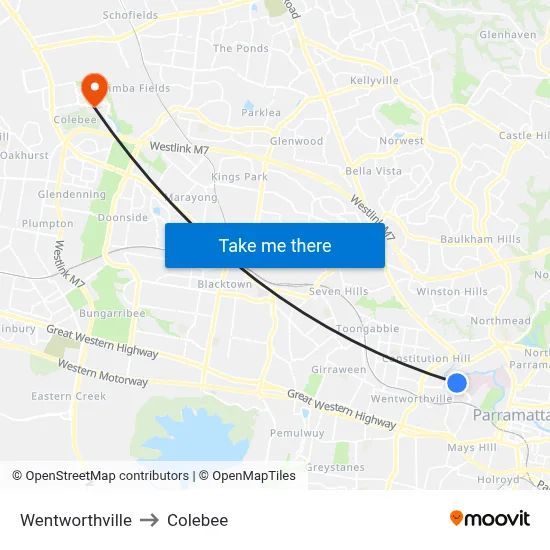 Wentworthville to Colebee map