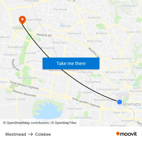 Westmead to Colebee map