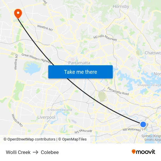 Wolli Creek to Colebee map