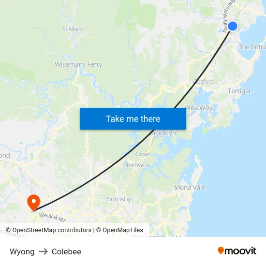 Wyong to Colebee map
