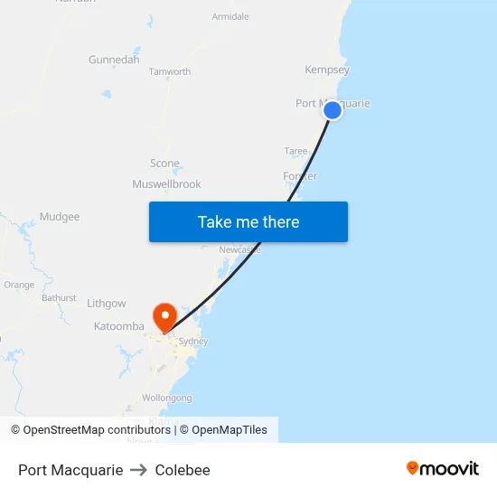 Port Macquarie to Colebee map