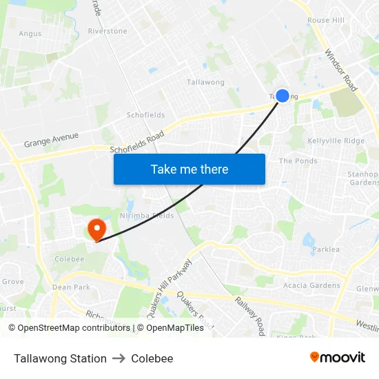 Tallawong Station to Colebee map