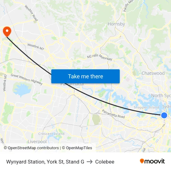 Wynyard Station, York St, Stand G to Colebee map