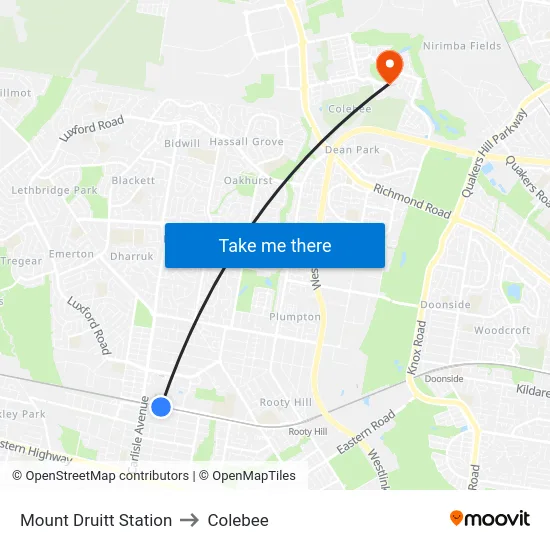 Mount Druitt Station to Colebee map