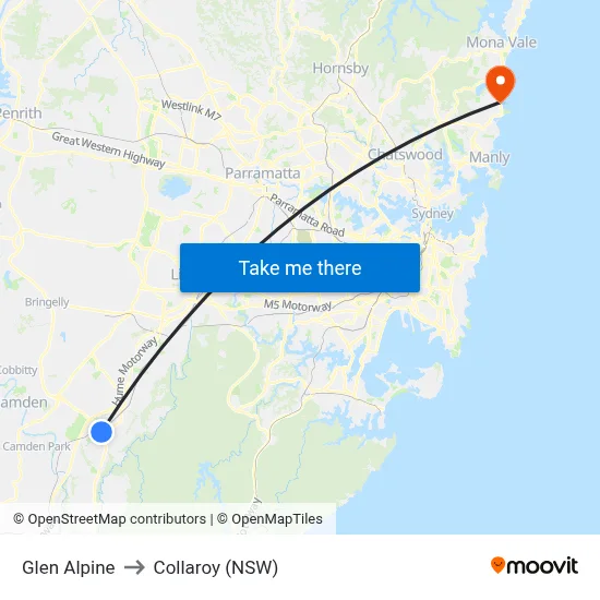 Glen Alpine to Collaroy (NSW) map