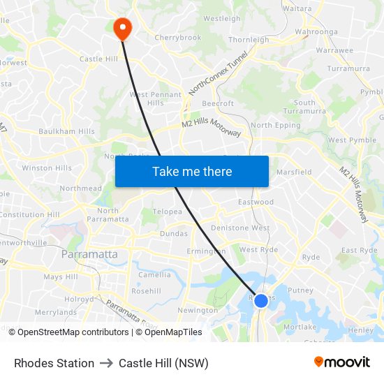 Rhodes Station to Castle Hill (NSW) map