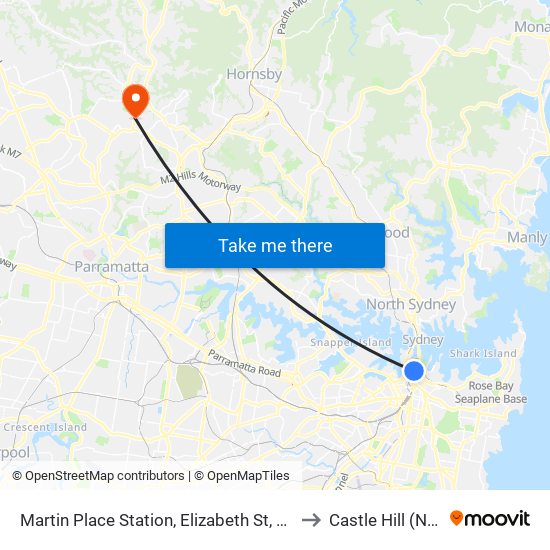 Martin Place Station, Elizabeth St, Stand E to Castle Hill (NSW) map