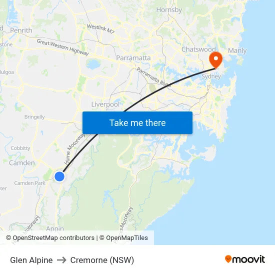 Glen Alpine to Cremorne (NSW) map