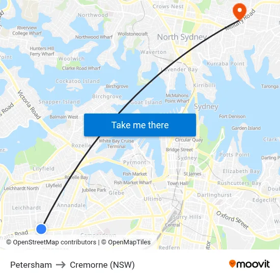 Petersham to Cremorne (NSW) map