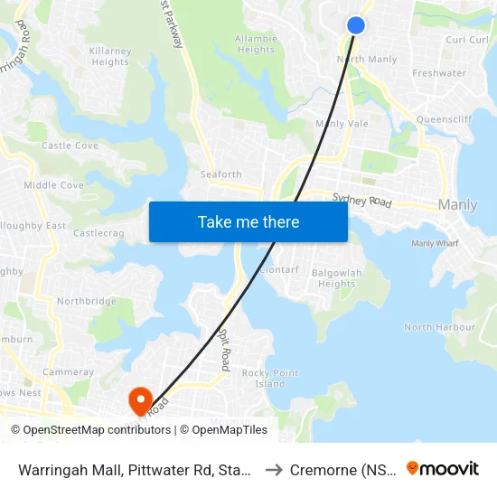 Warringah Mall, Pittwater Rd, Stand B to Cremorne (NSW) map