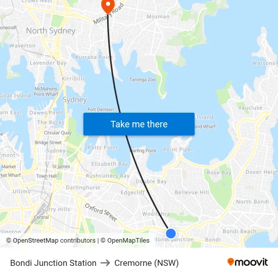 Bondi Junction Station to Cremorne (NSW) map