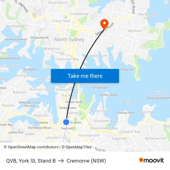 QVB, York St, Stand B to Cremorne (NSW) map