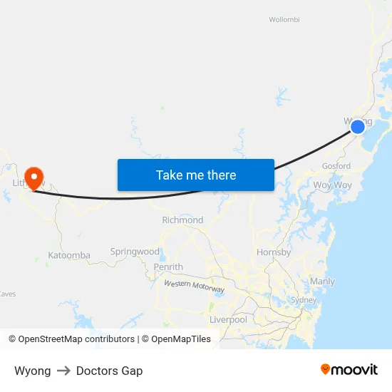 Wyong to Doctors Gap map