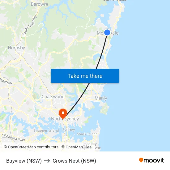 Bayview (NSW) to Crows Nest (NSW) map