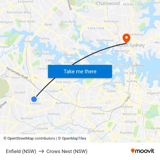Enfield (NSW) to Crows Nest (NSW) map