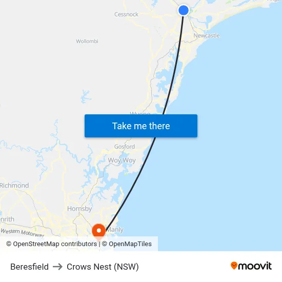 Beresfield to Crows Nest (NSW) map