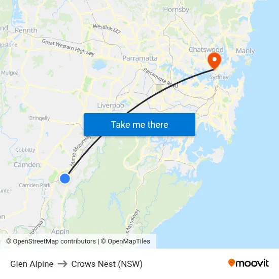 Glen Alpine to Crows Nest (NSW) map