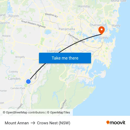 Mount Annan to Crows Nest (NSW) map