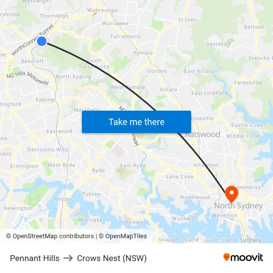Pennant Hills to Crows Nest (NSW) map
