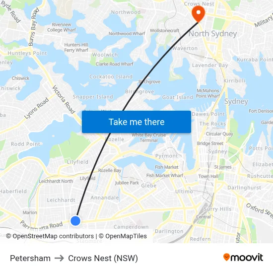 Petersham to Crows Nest (NSW) map
