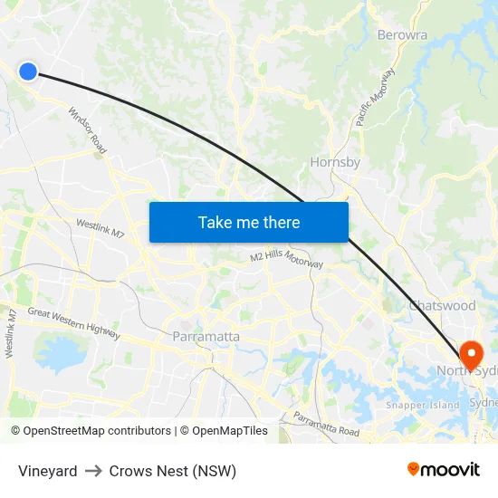 Vineyard to Crows Nest (NSW) map