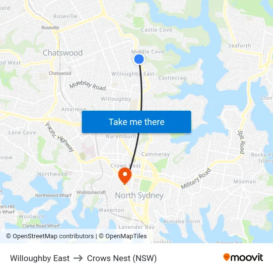 Willoughby East to Crows Nest (NSW) map
