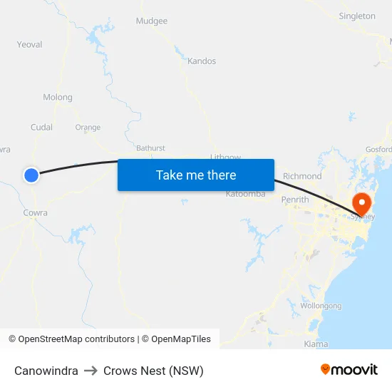 Canowindra to Crows Nest (NSW) map