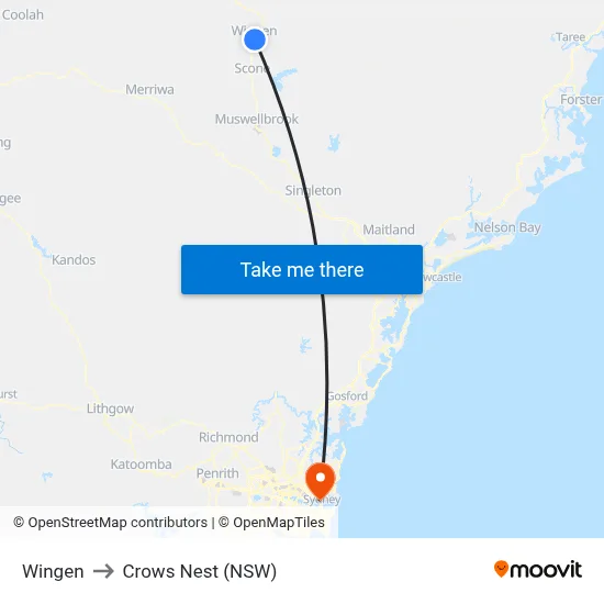 Wingen to Crows Nest (NSW) map