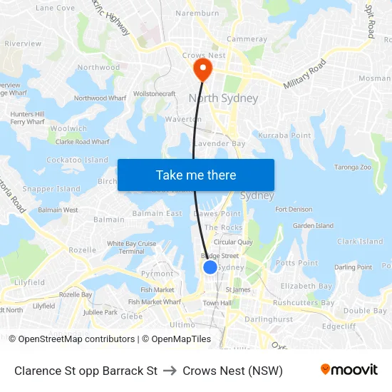 Clarence St opp Barrack St to Crows Nest (NSW) map